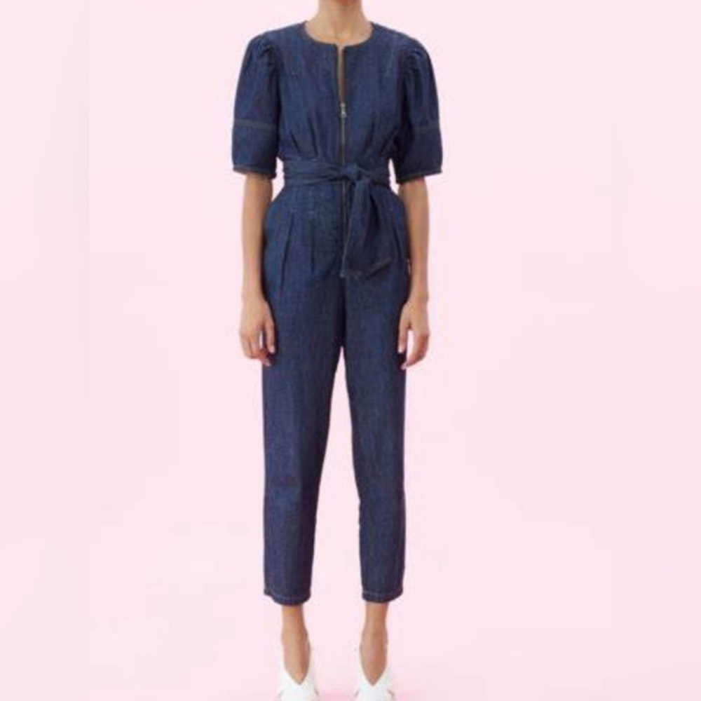 Rebecca Taylor La Vie Puff Sleeve Denim Jumpsuit size Small Tie Waist - Picture 3 of 15
